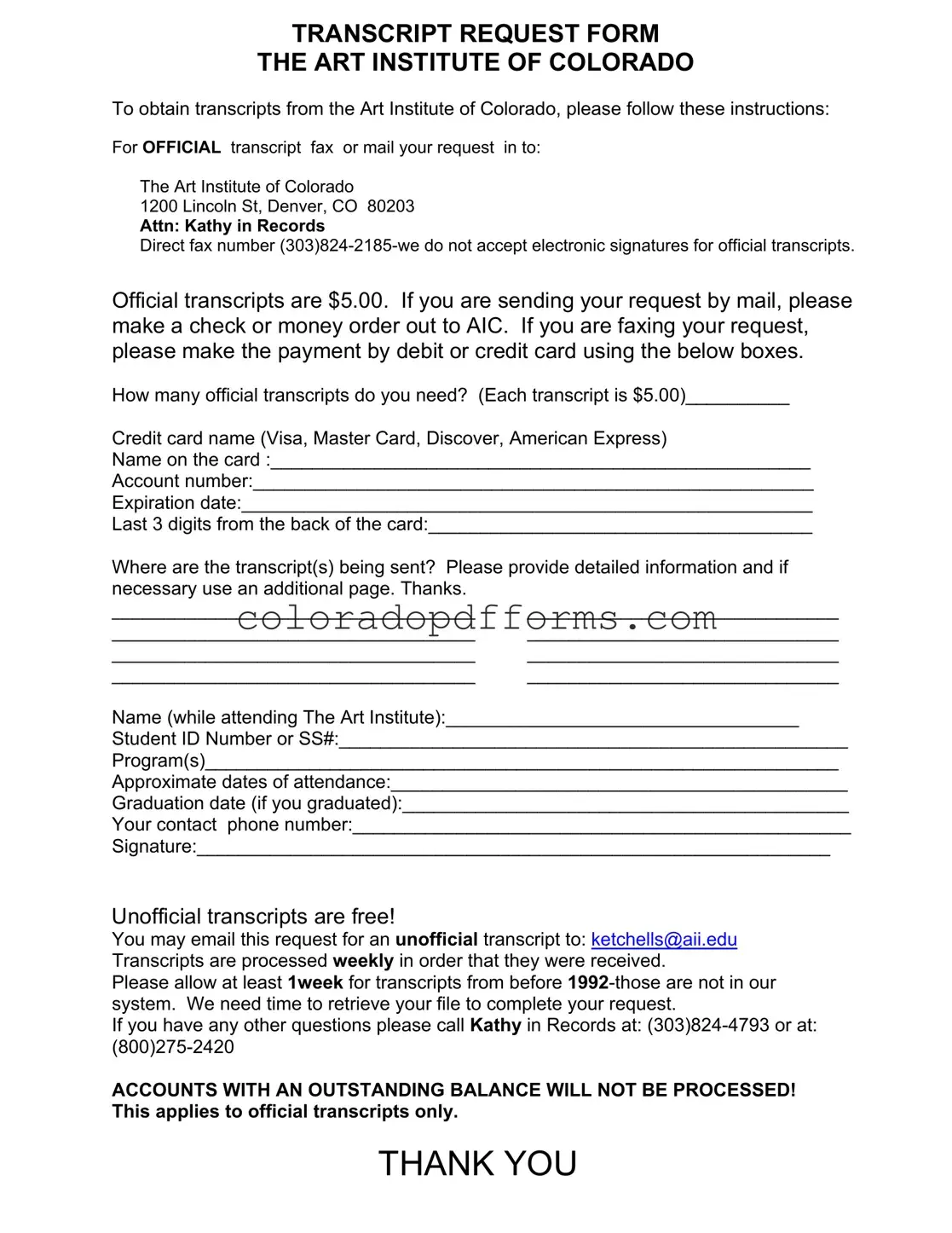 Fill in a Valid Art Institute Colorado Transcript Request Template