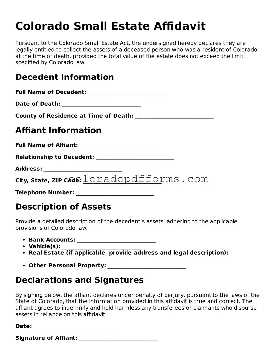 Free  Small Estate Affidavit Document for Colorado