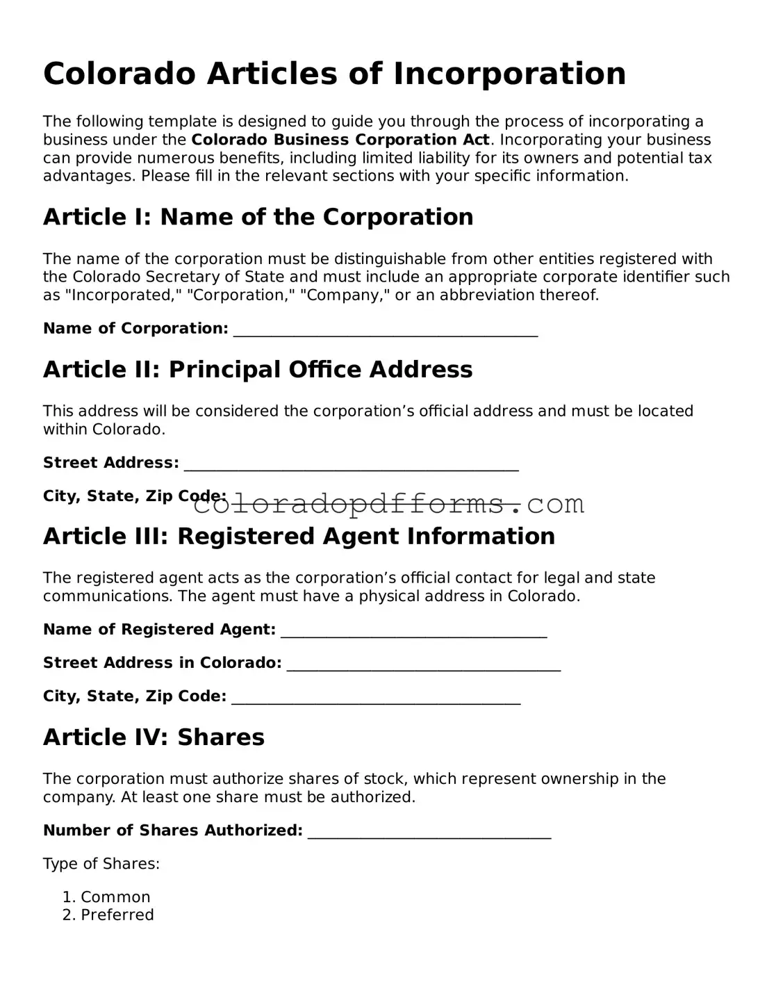 Free  Articles of Incorporation Document for Colorado