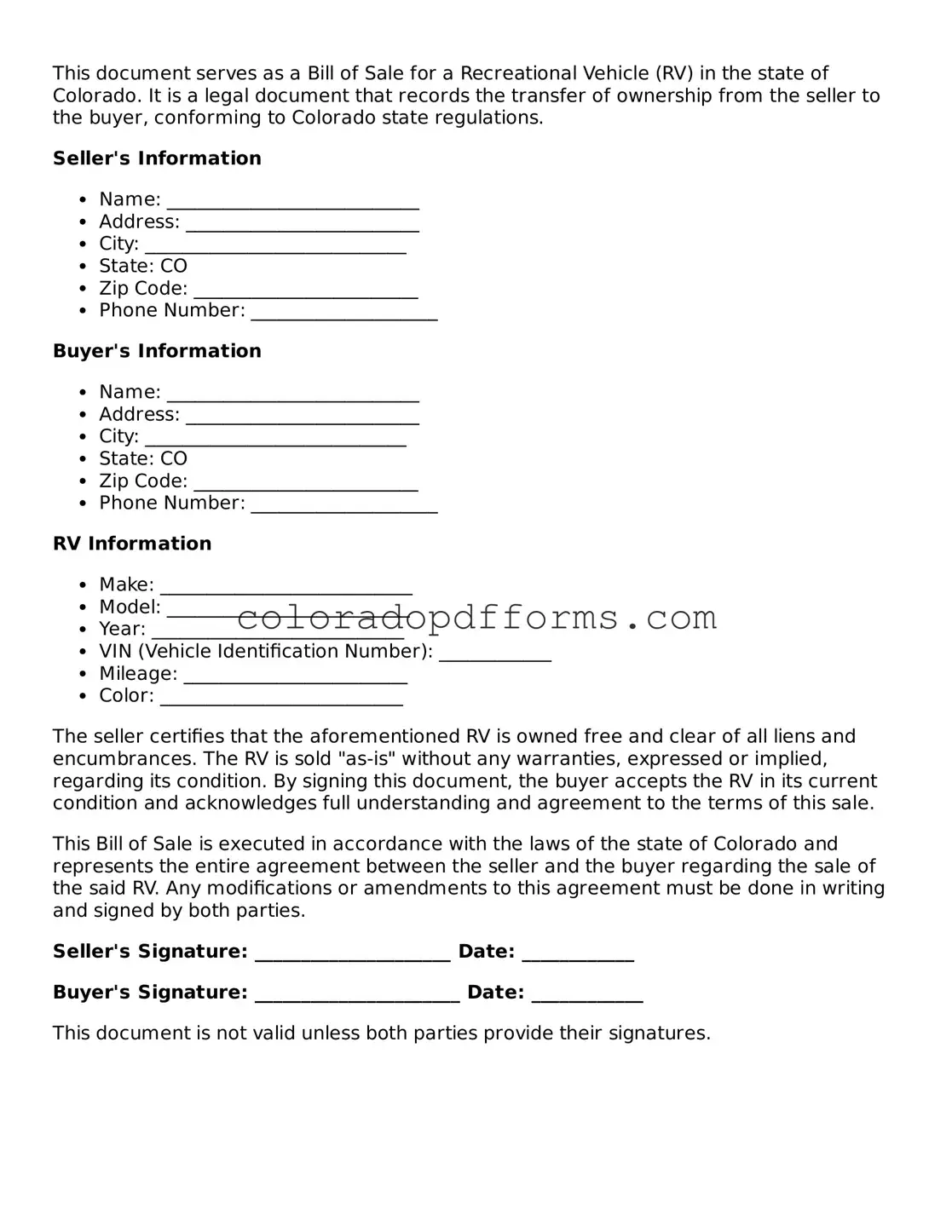Free  RV Bill of Sale Document for Colorado