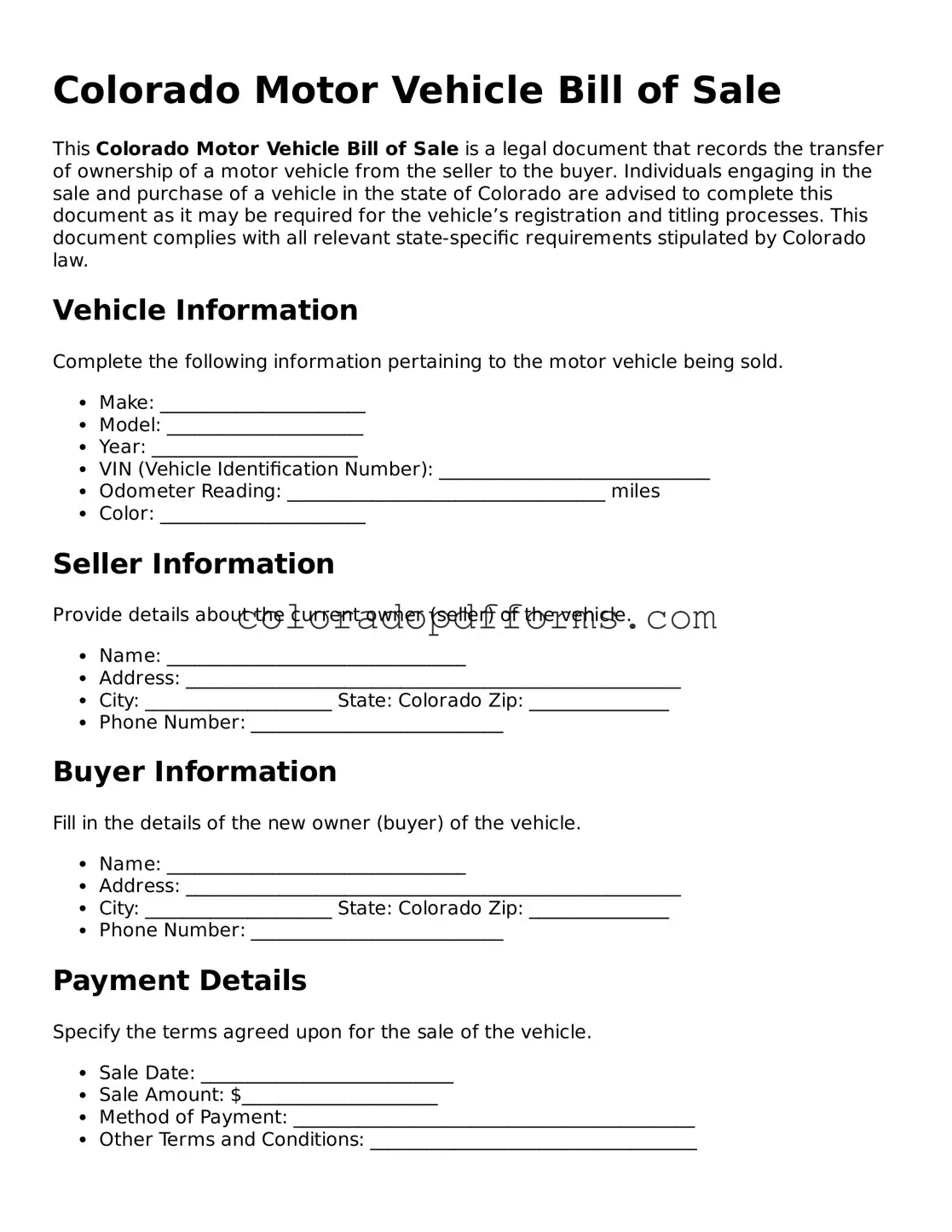 Free  Motor Vehicle Bill of Sale Document for Colorado