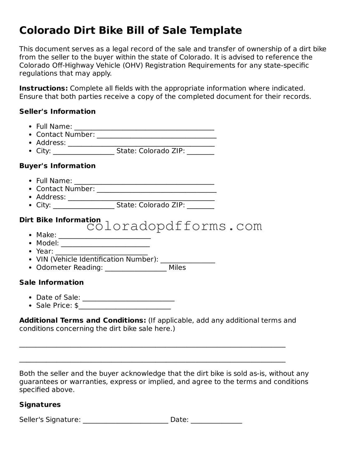 Free  Dirt Bike Bill of Sale Document for Colorado