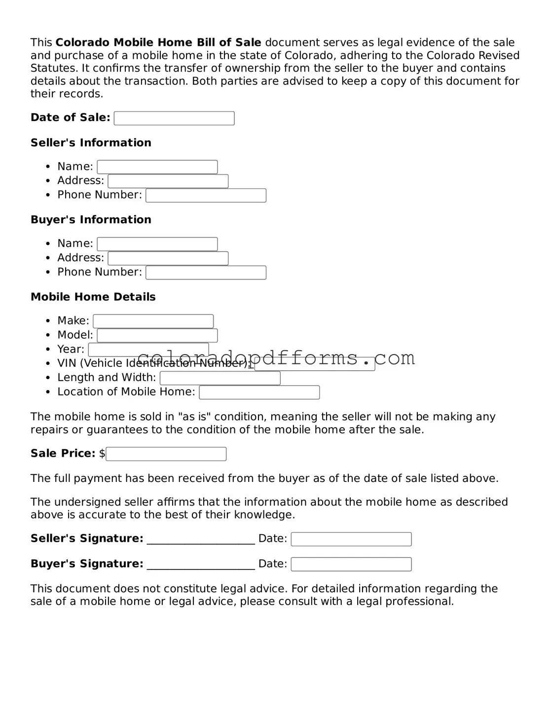 Free  Mobile Home Bill of Sale Document for Colorado