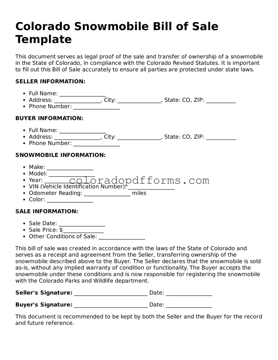 Free  Snowmobile Bill of Sale Document for Colorado