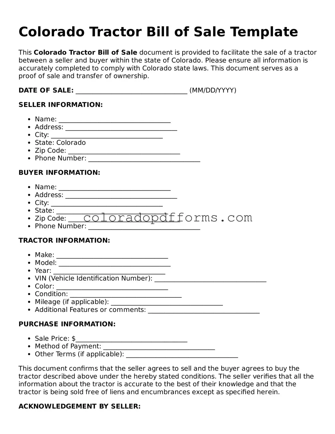Free  Tractor Bill of Sale Document for Colorado