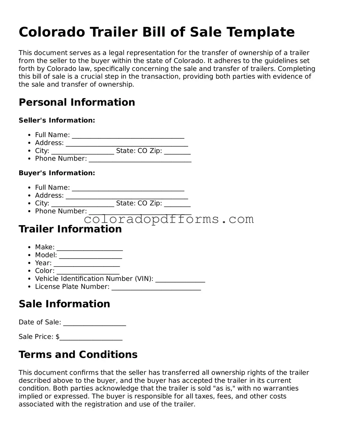 Free  Trailer Bill of Sale Document for Colorado