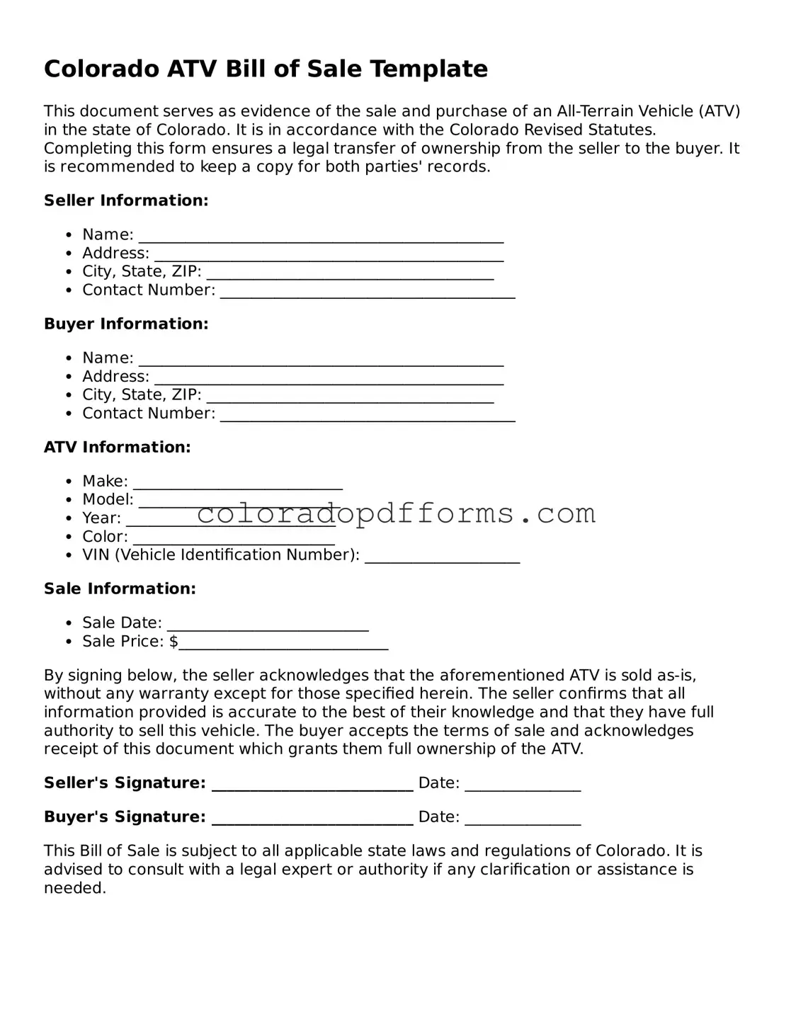 Free  ATV Bill of Sale Document for Colorado