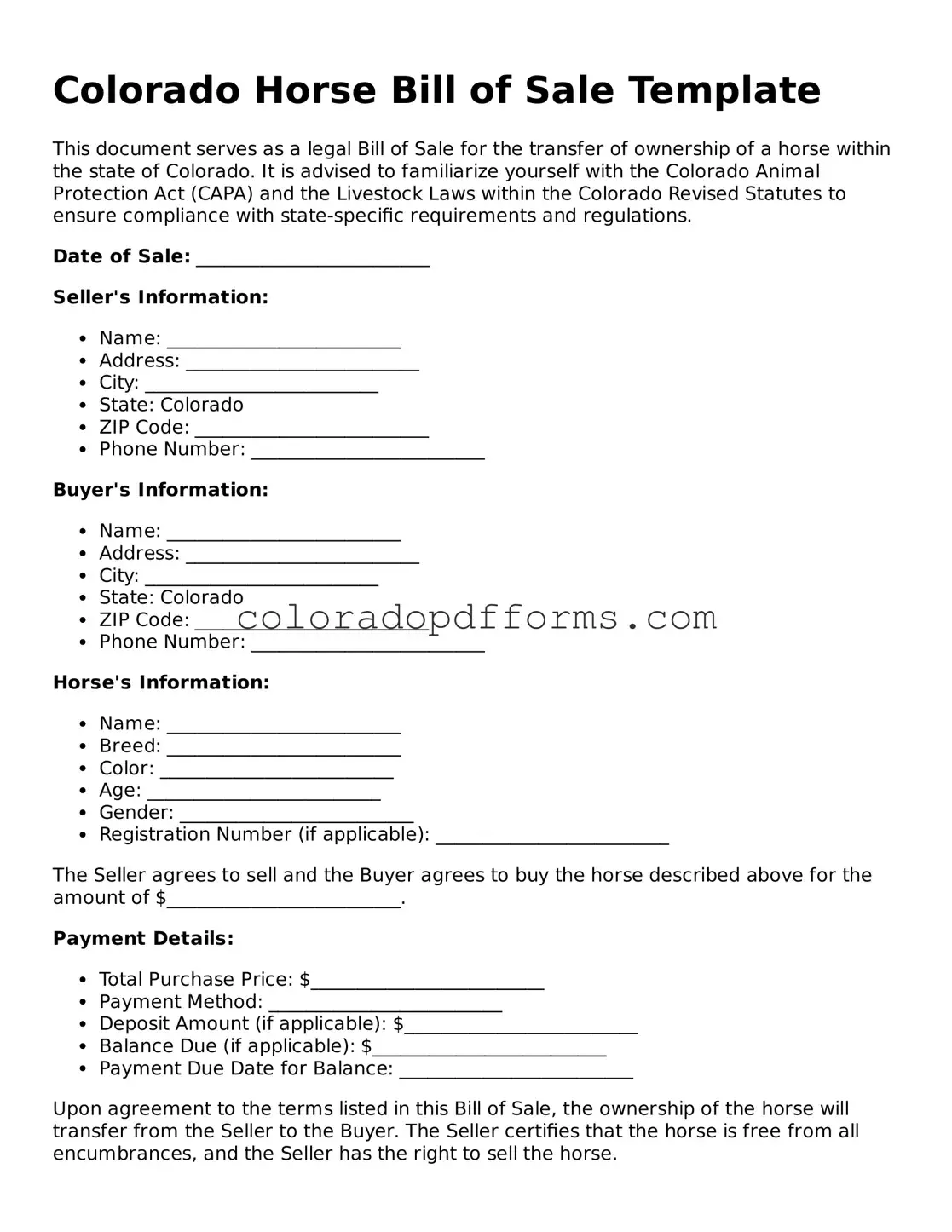 Free  Horse Bill of Sale Document for Colorado