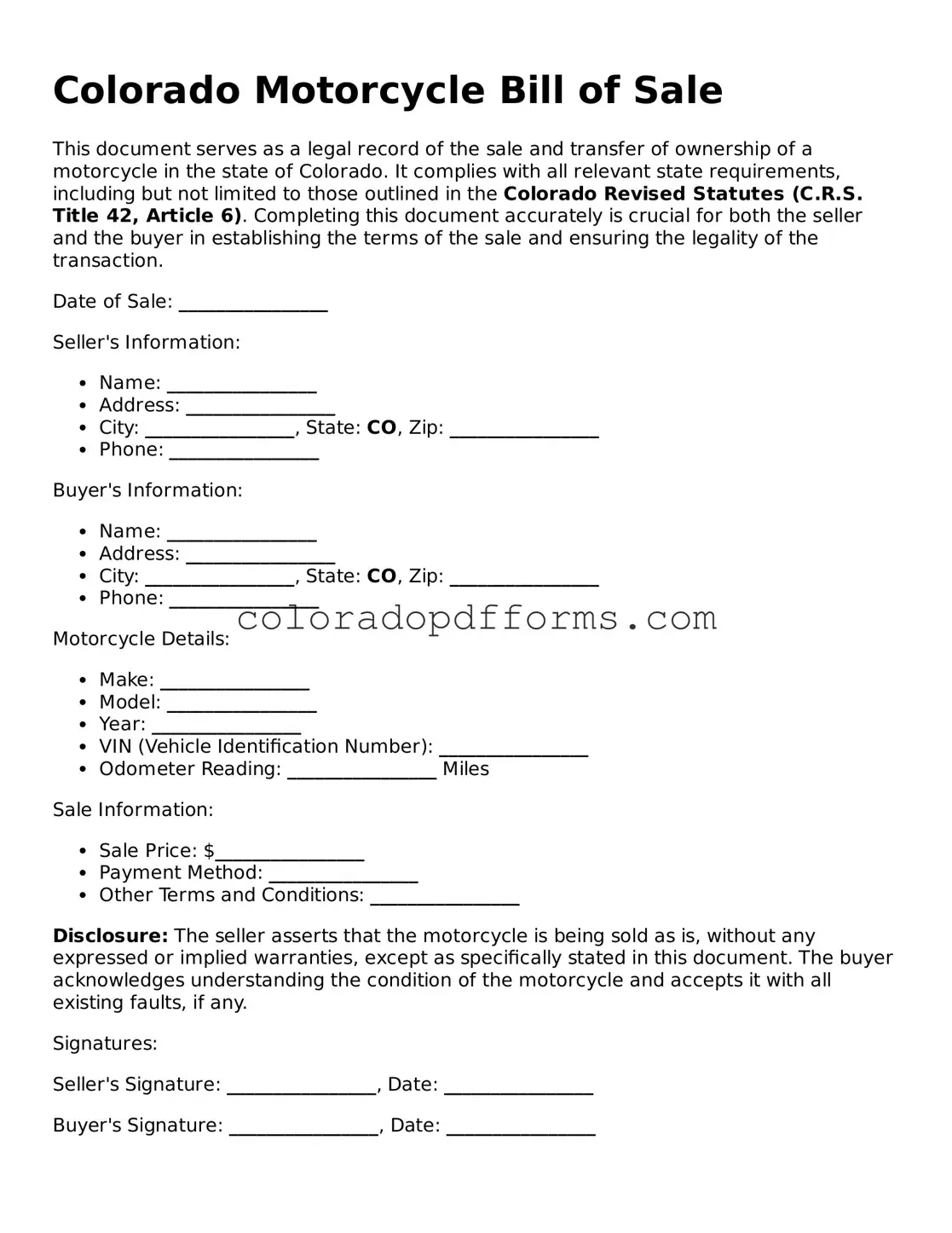 Free  Motorcycle Bill of Sale Document for Colorado