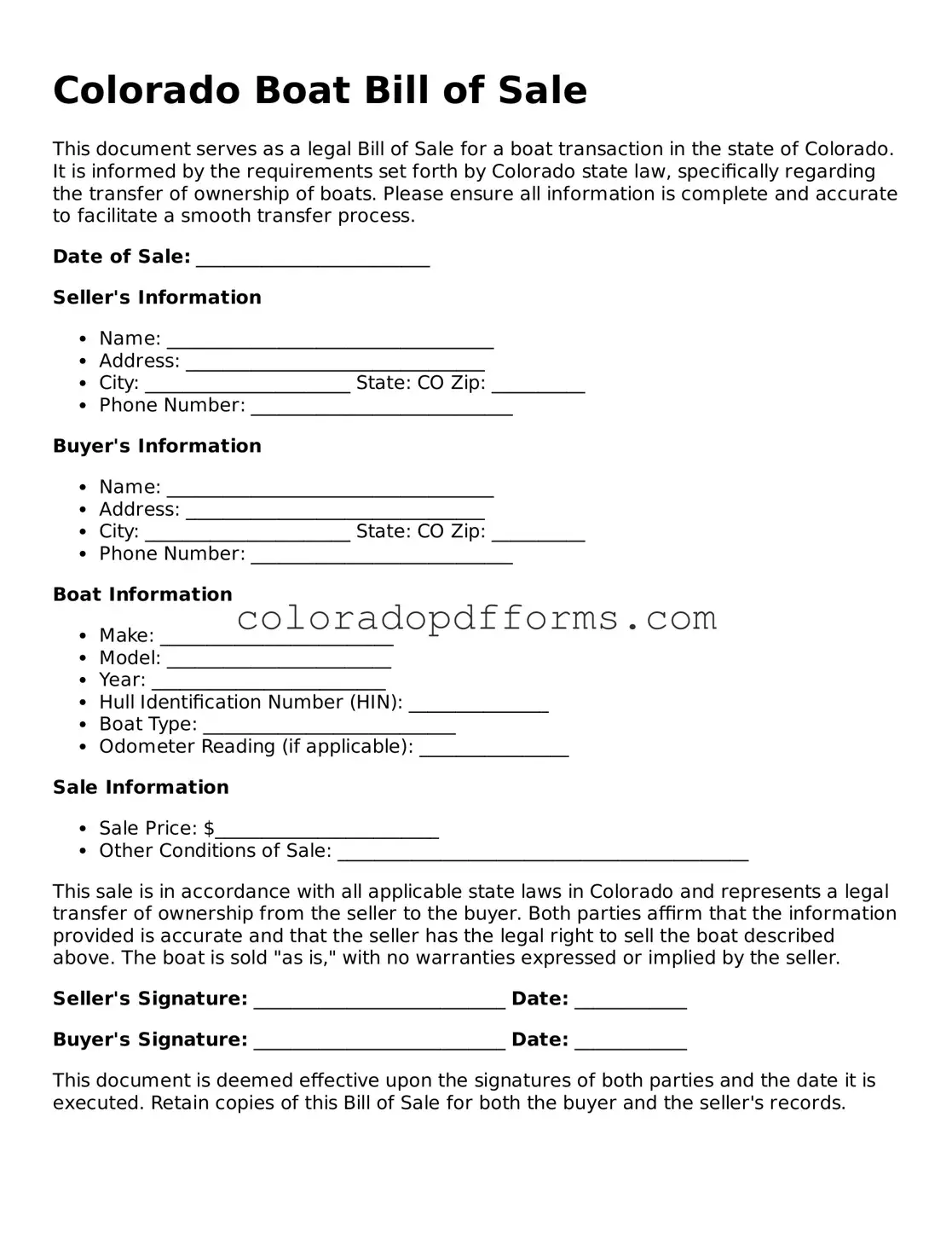 Free  Boat Bill of Sale Document for Colorado