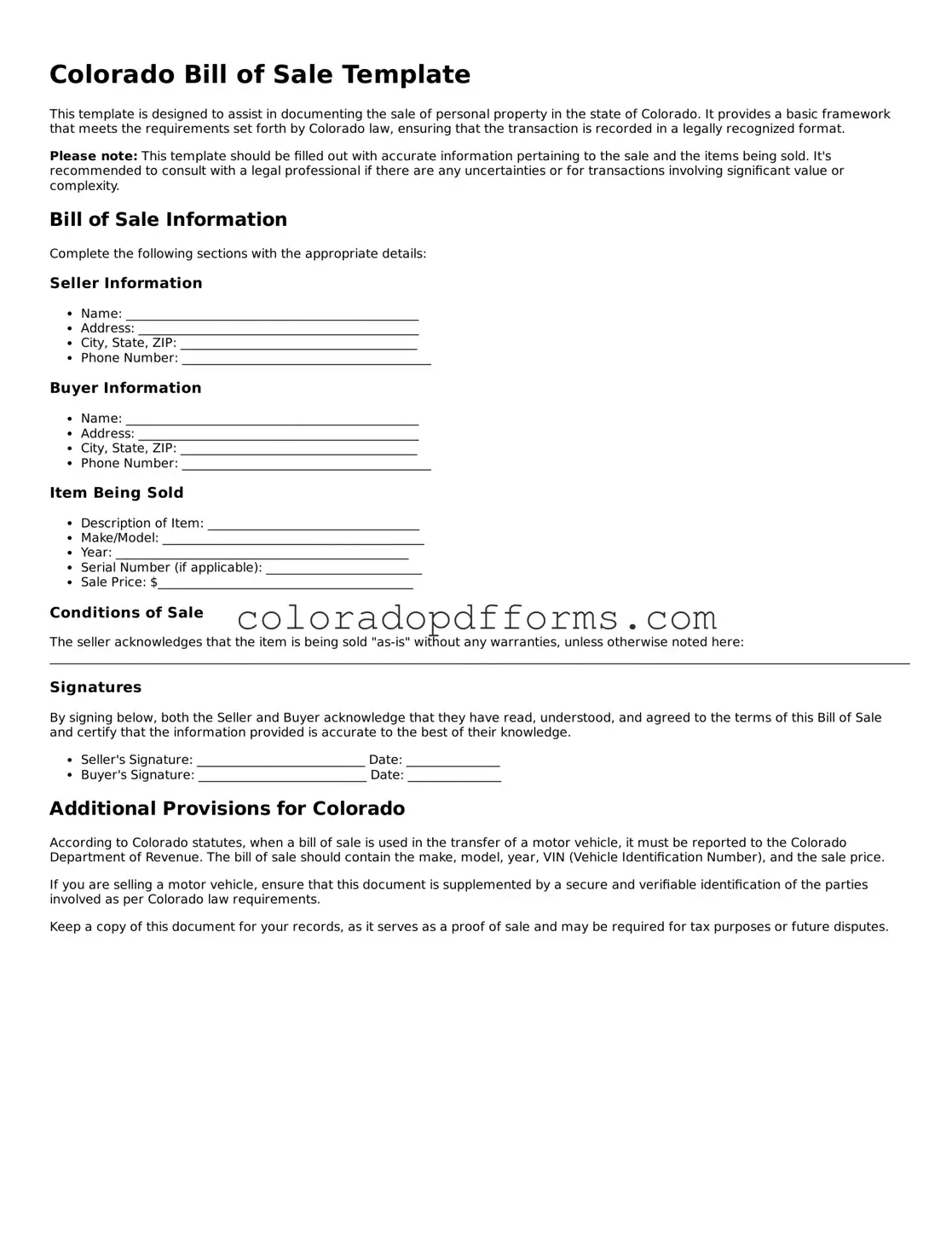 Free  Bill of Sale Document for Colorado