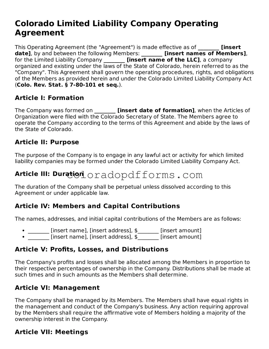 Free  Operating Agreement Document for Colorado