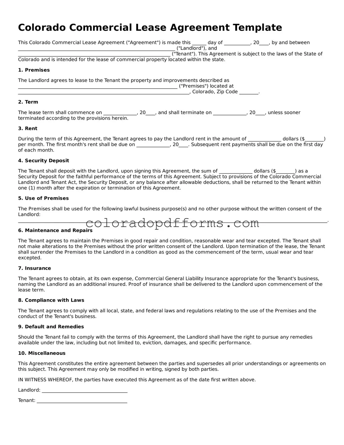 Free  Commercial Lease Agreement Document for Colorado