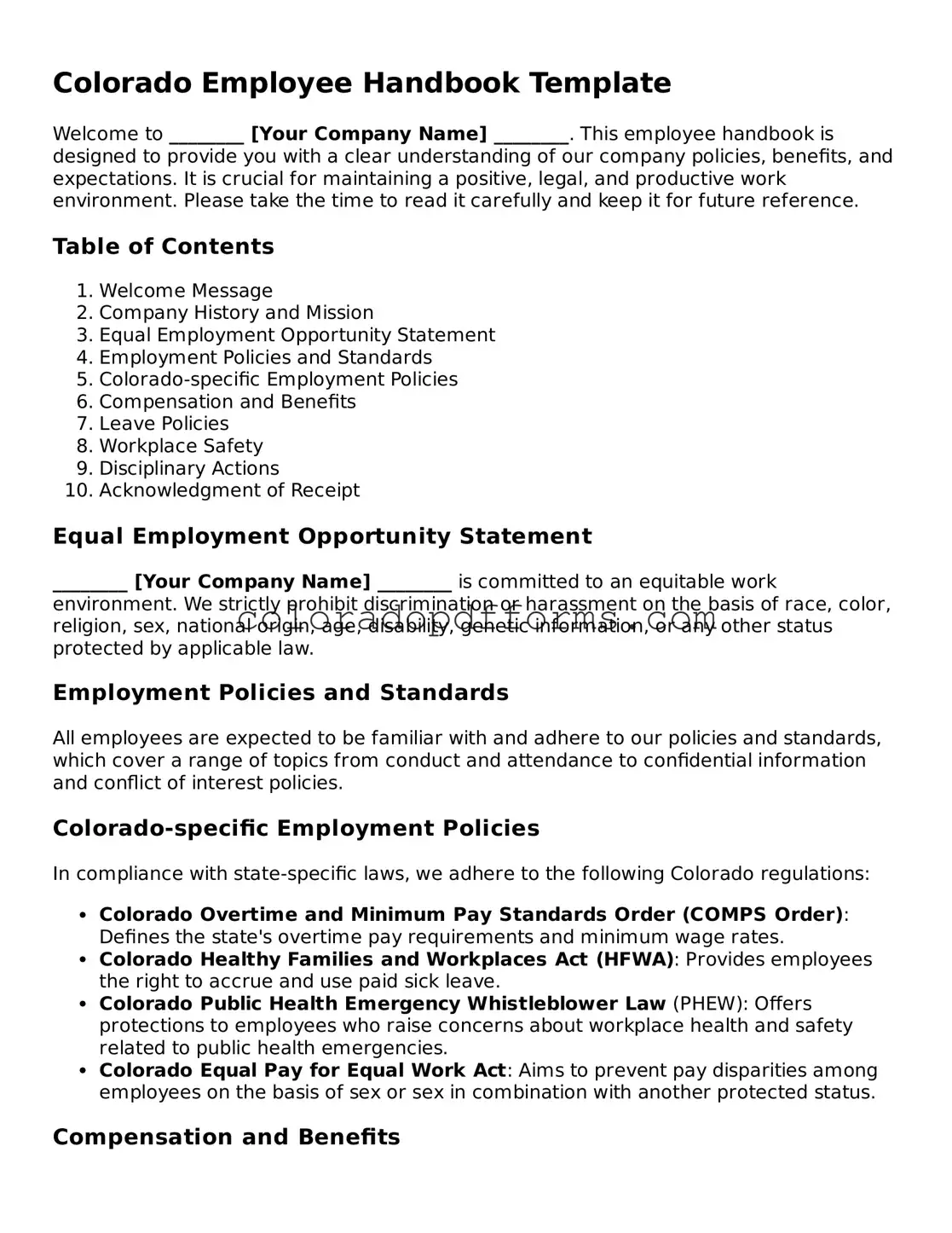 Free  Employee Handbook Document for Colorado