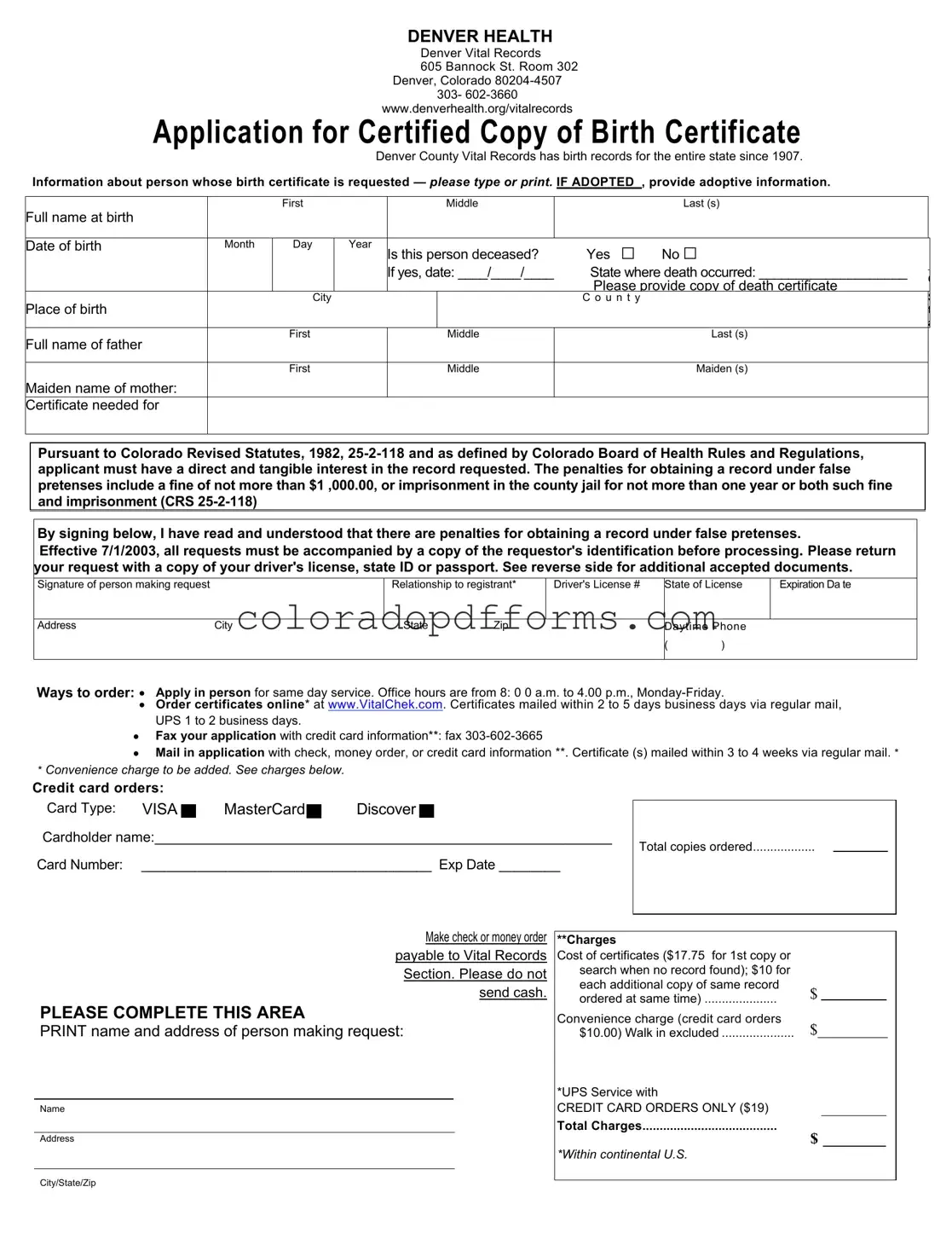 Fill in a Valid Colorado Denver Application Birth Certificate Template
