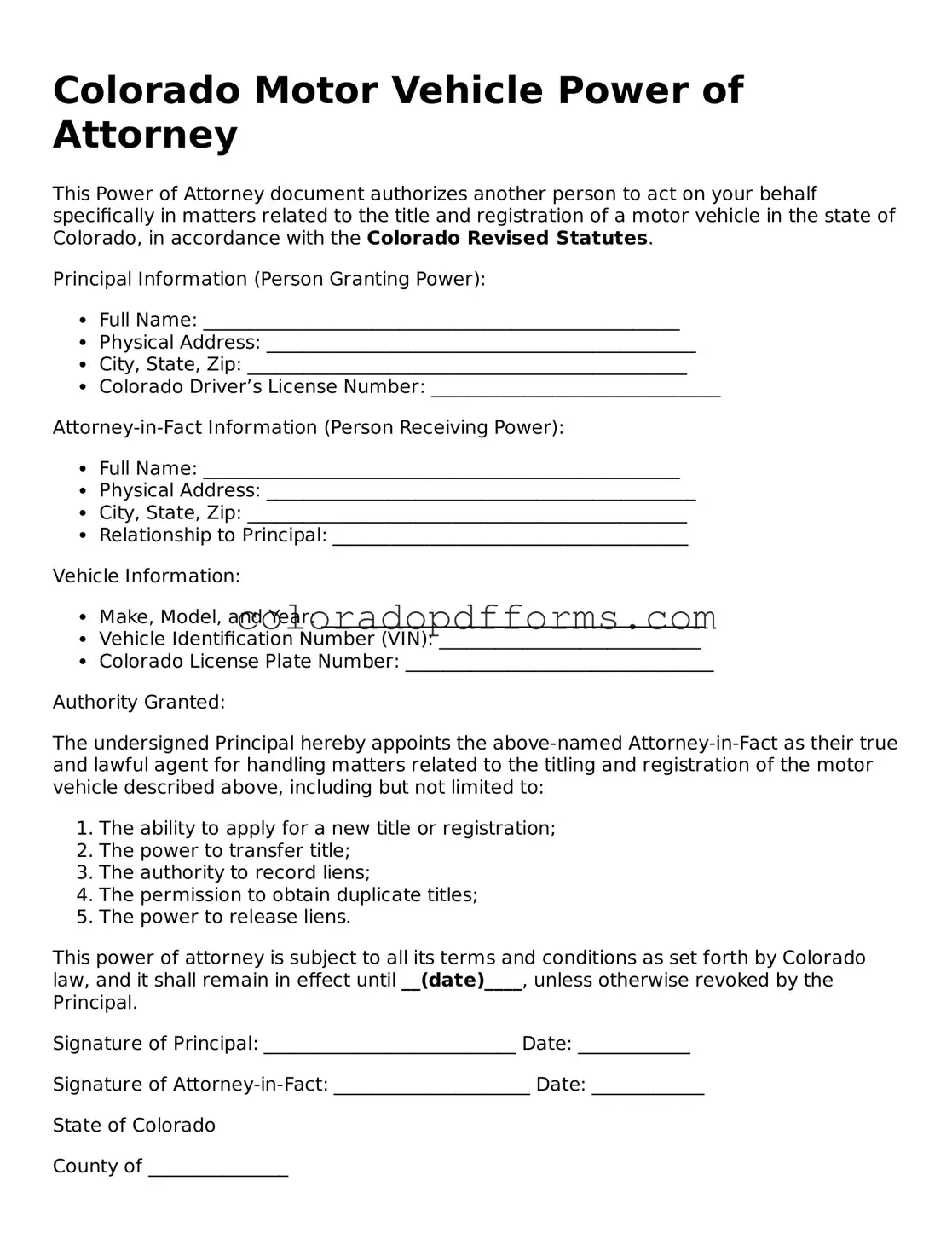 Free  Motor Vehicle Power of Attorney Document for Colorado