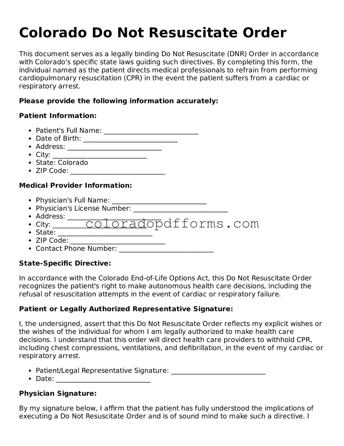 Free  Do Not Resuscitate Order Document for Colorado