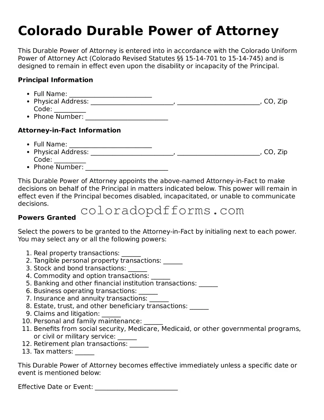 Free  Durable Power of Attorney Document for Colorado