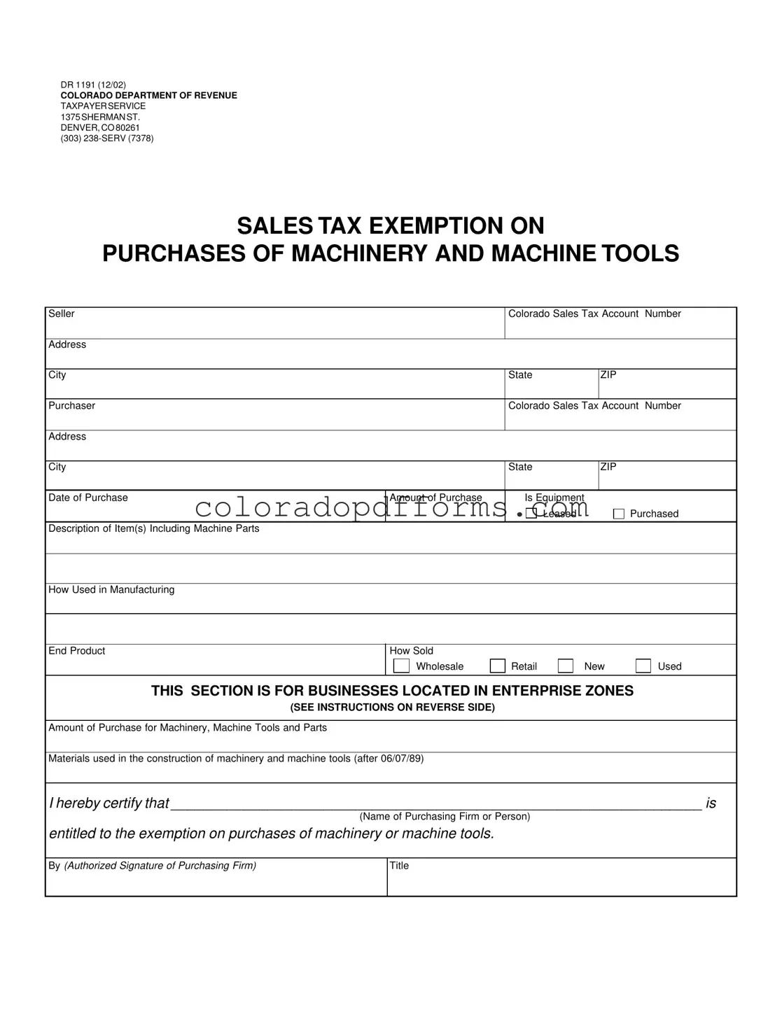 Fill in a Valid Colorado Dr 1191 Template