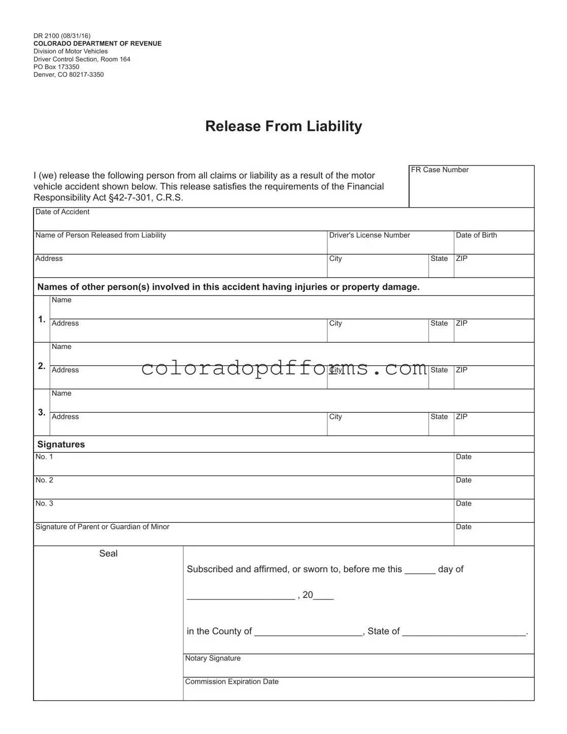 Fill in a Valid Colorado Dr 2100 Template