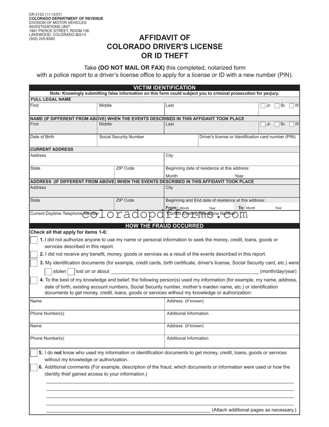 Fill in a Valid Colorado Dr 2153 Template