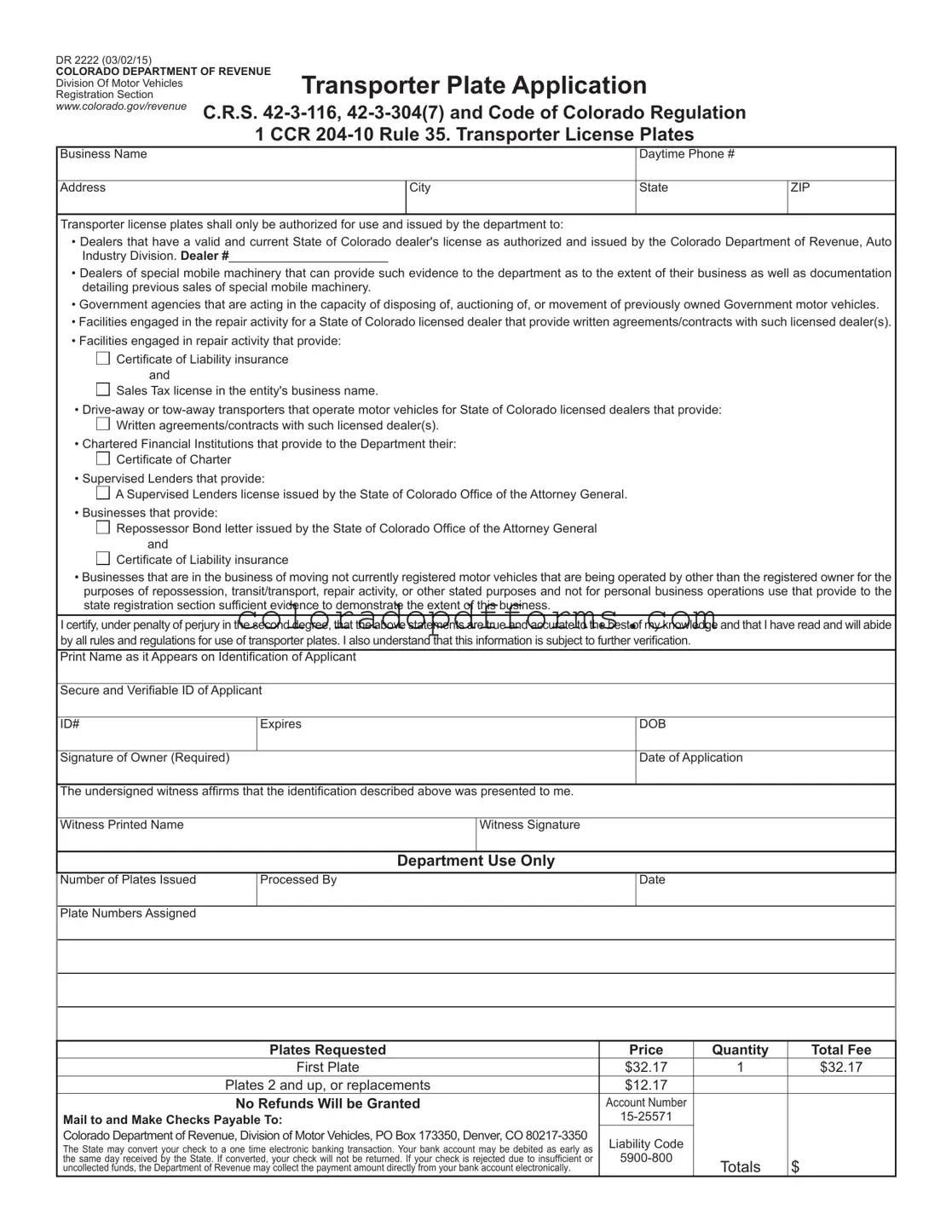 Fill in a Valid Colorado Dr 2222 Template