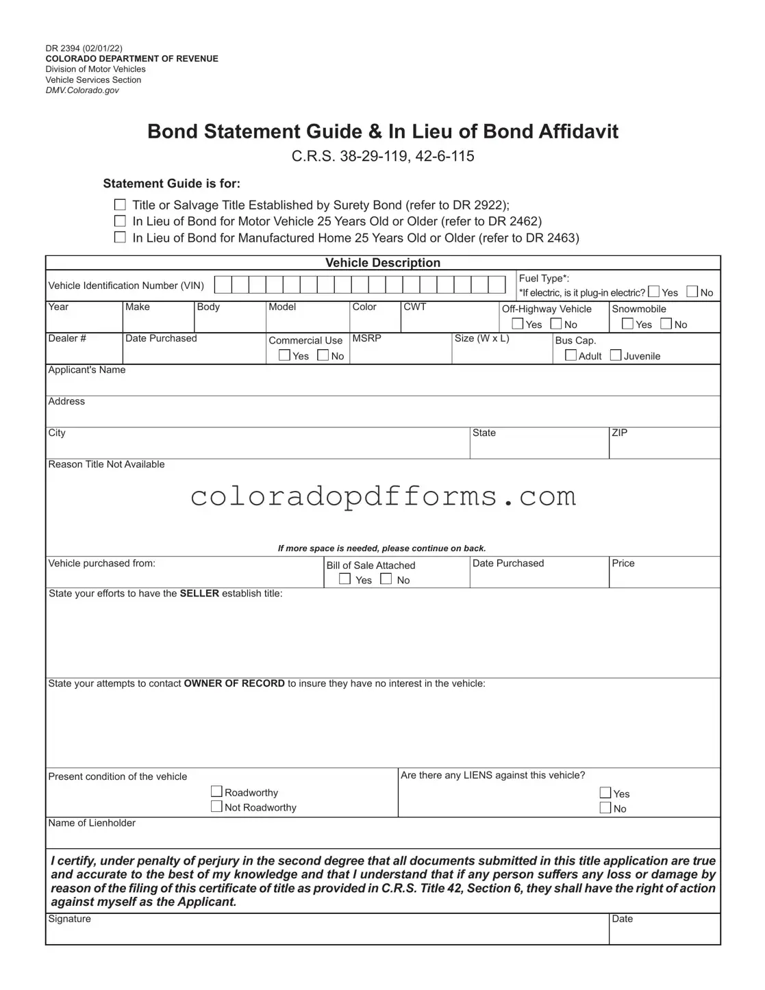 Fill in a Valid Colorado Dr 2394 Template