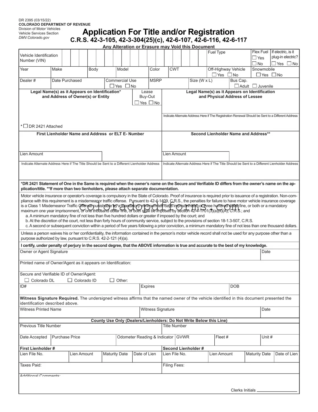 Fill in a Valid Colorado Dr 2395 Template