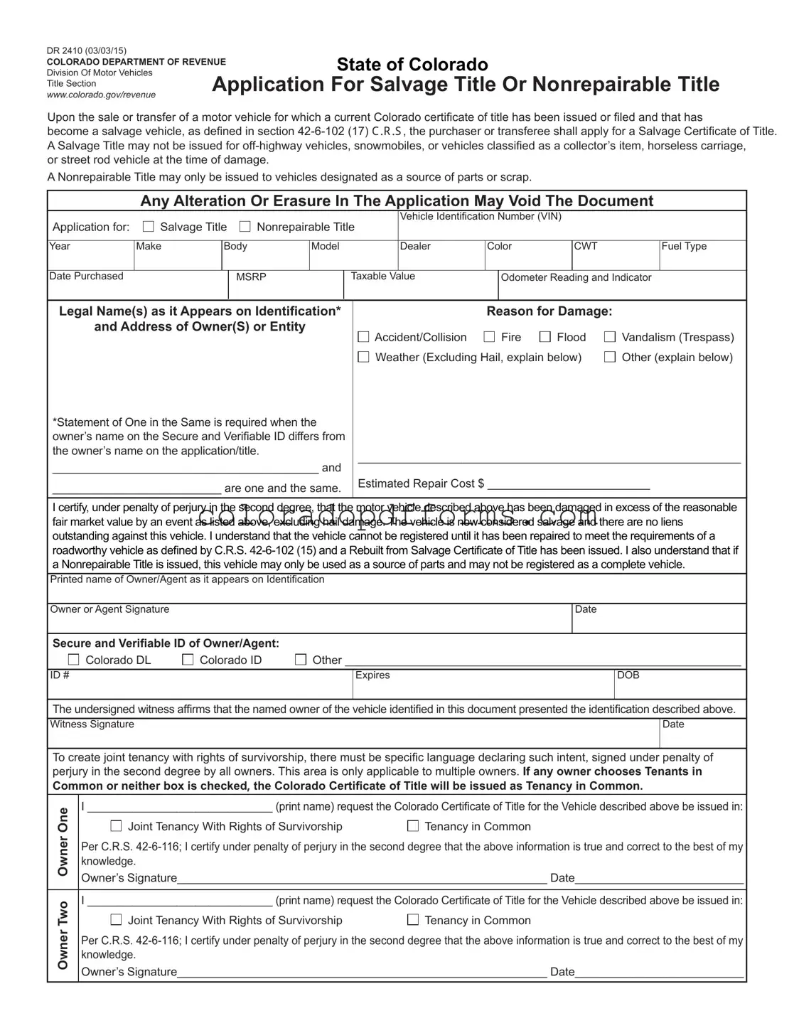Fill in a Valid Colorado Dr 2410 Template