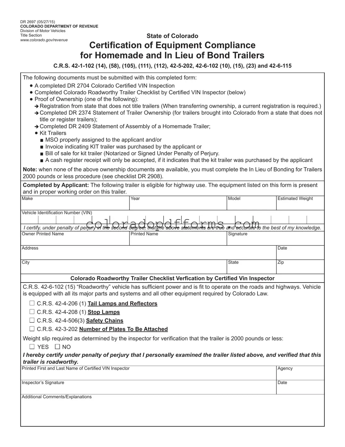 Fill in a Valid Colorado Dr 2697 Template