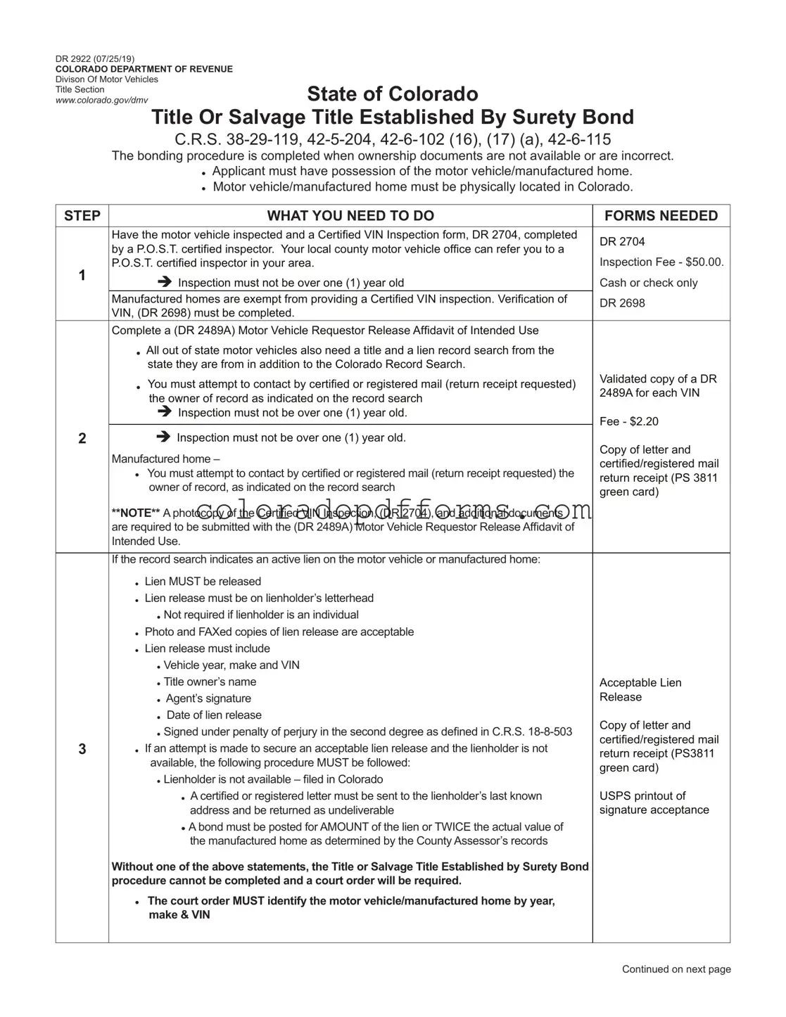 Fill in a Valid Colorado Dr 2922 Template