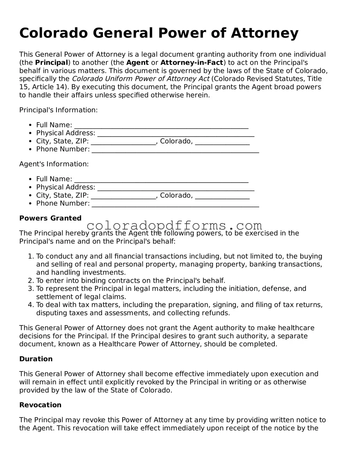 Free  General Power of Attorney Document for Colorado