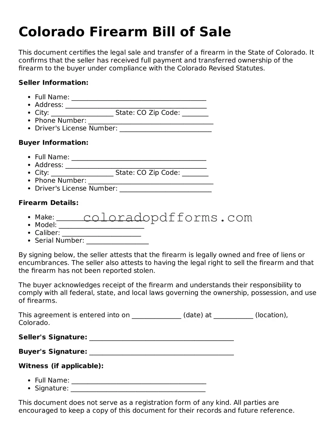 Free  Firearm Bill of Sale Document for Colorado