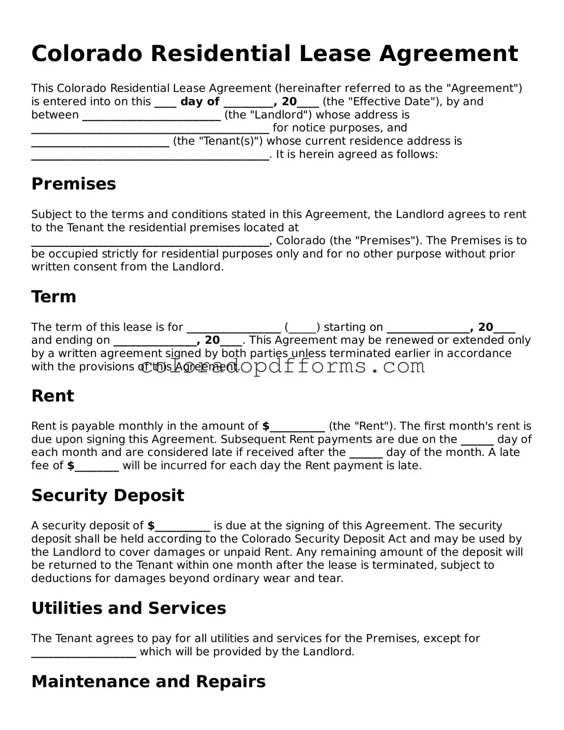 Free  Residential Lease Agreement Document for Colorado