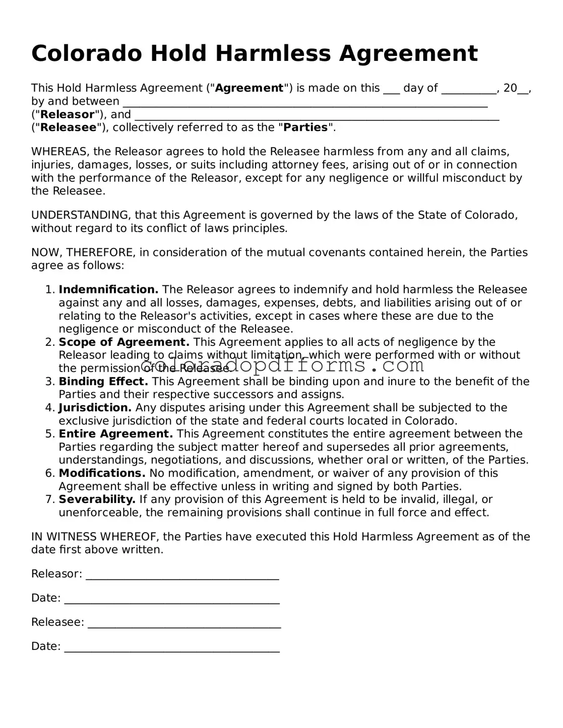 Free  Hold Harmless Agreement Document for Colorado