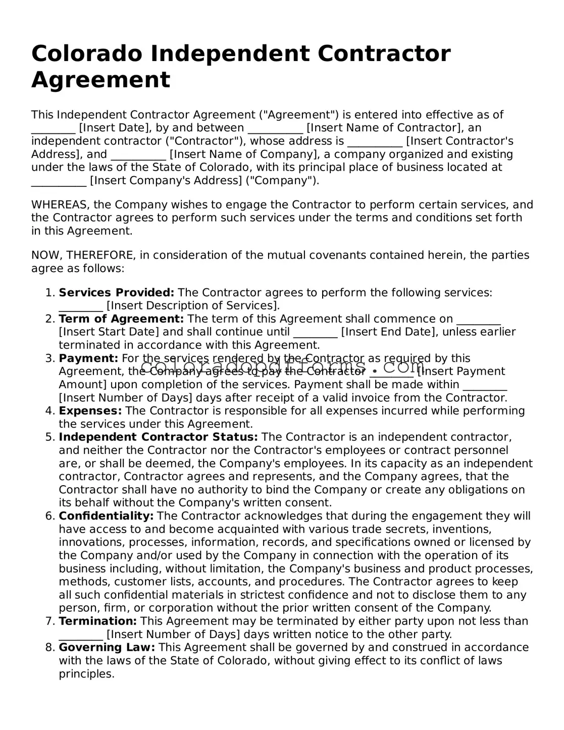 Free  Independent Contractor Agreement Document for Colorado