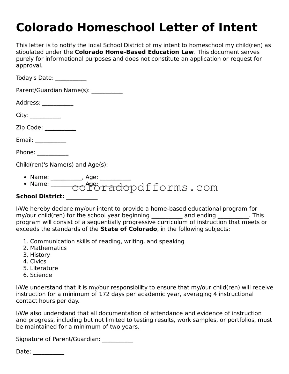 Free  Homeschool Letter of Intent Document for Colorado