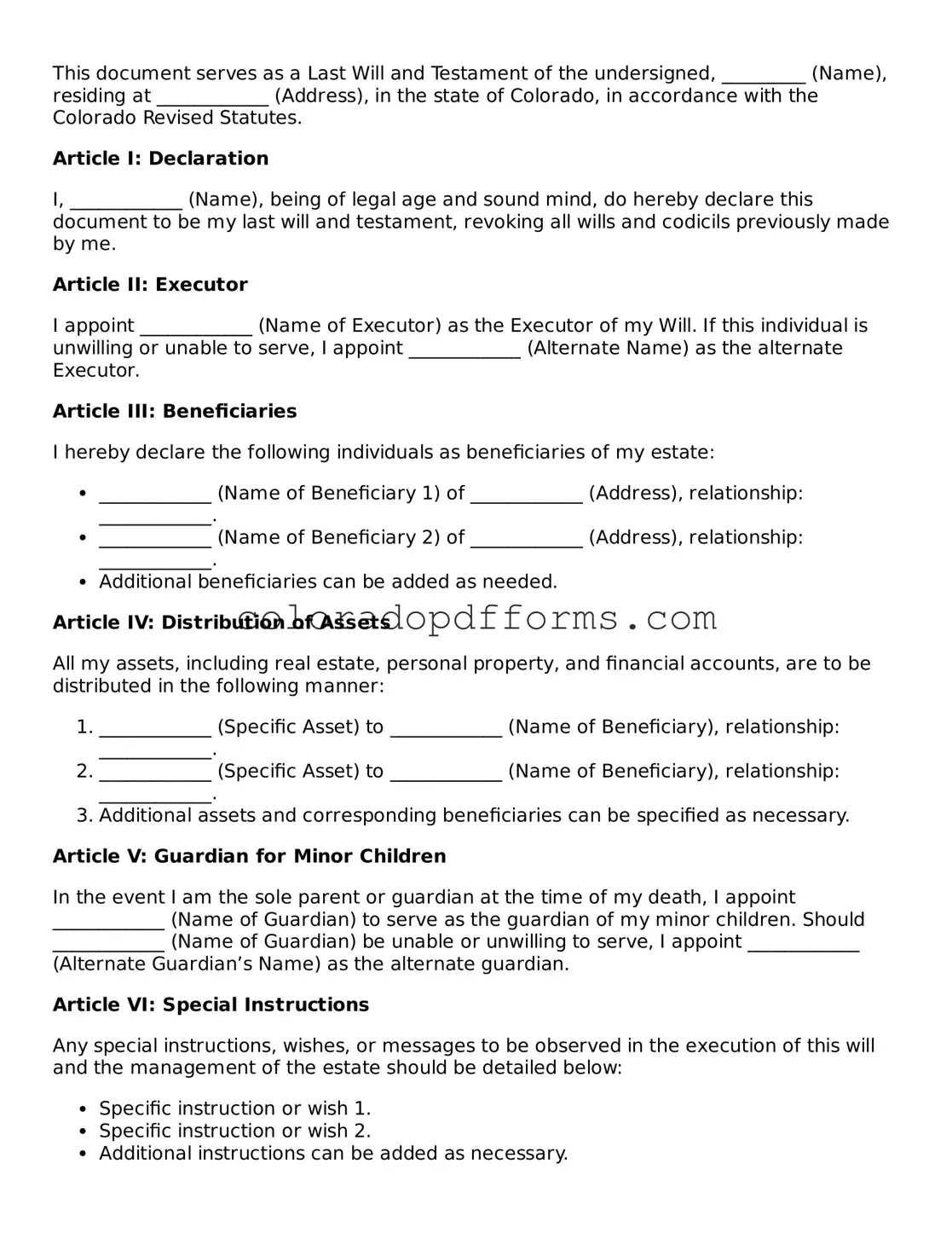 Free  Last Will and Testament Document for Colorado