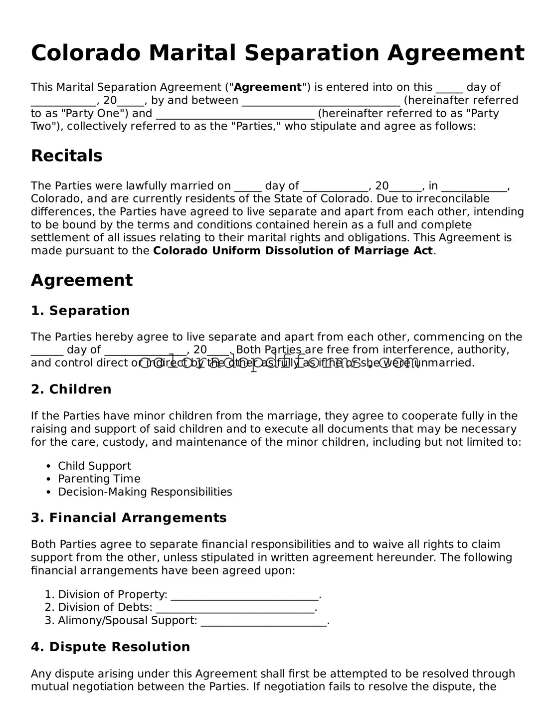 Free  Marital Separation Agreement Document for Colorado