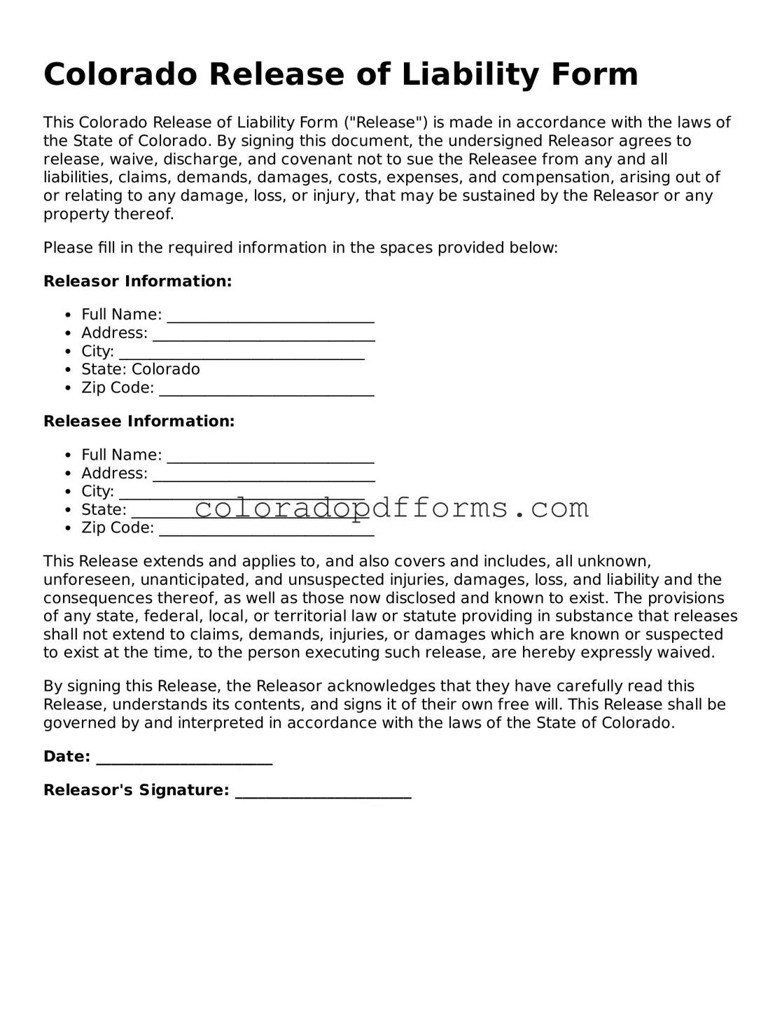 Free  Release of Liability Document for Colorado