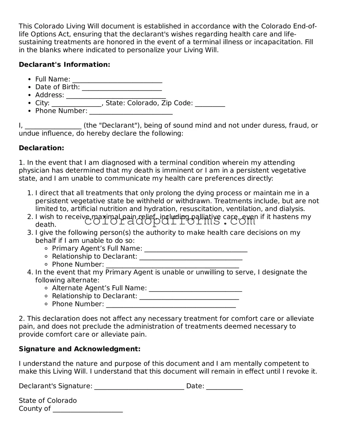 Free  Living Will Document for Colorado