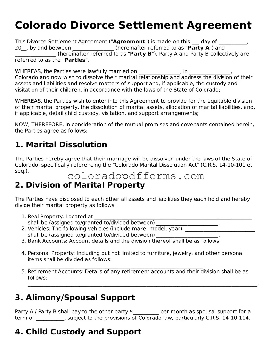 Free  Divorce Settlement Agreement Document for Colorado