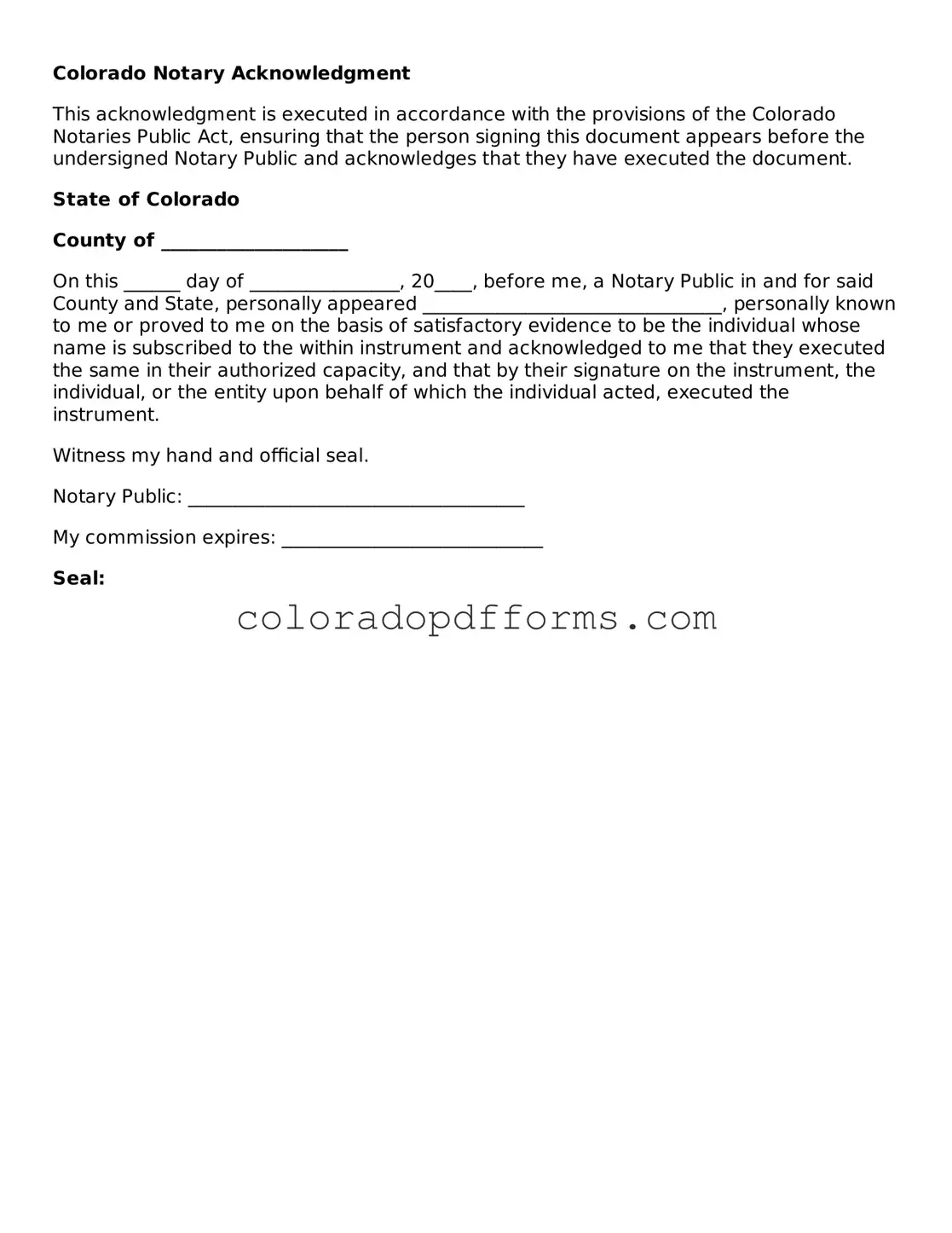 Free  Notary Acknowledgement Document for Colorado