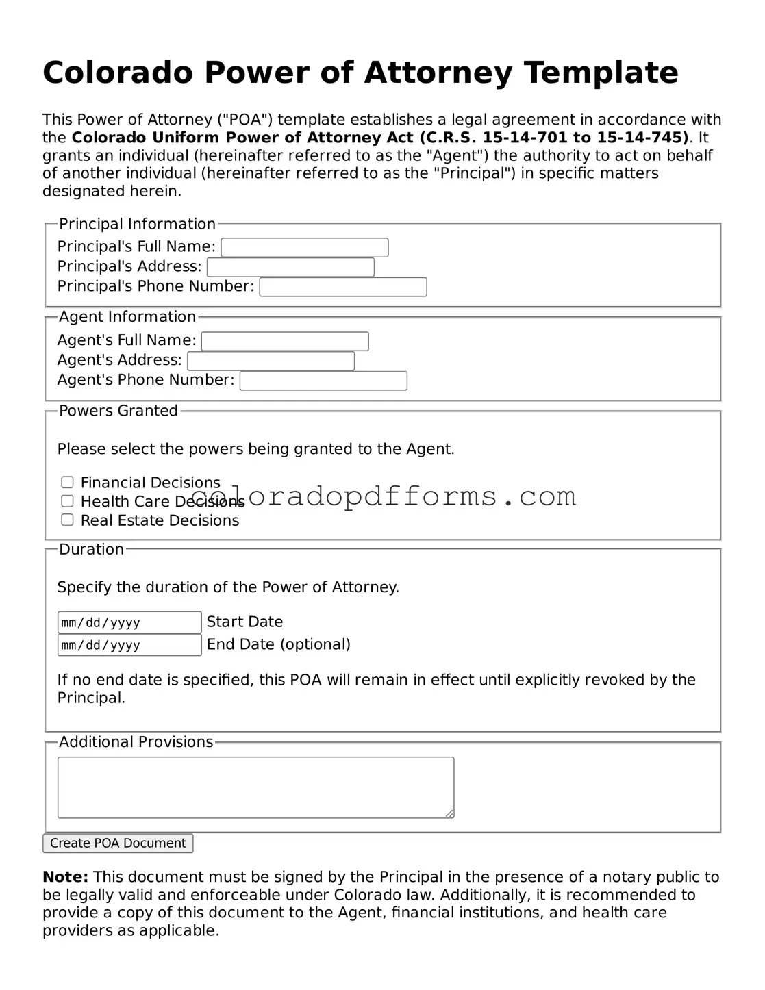 Free  Power of Attorney Document for Colorado