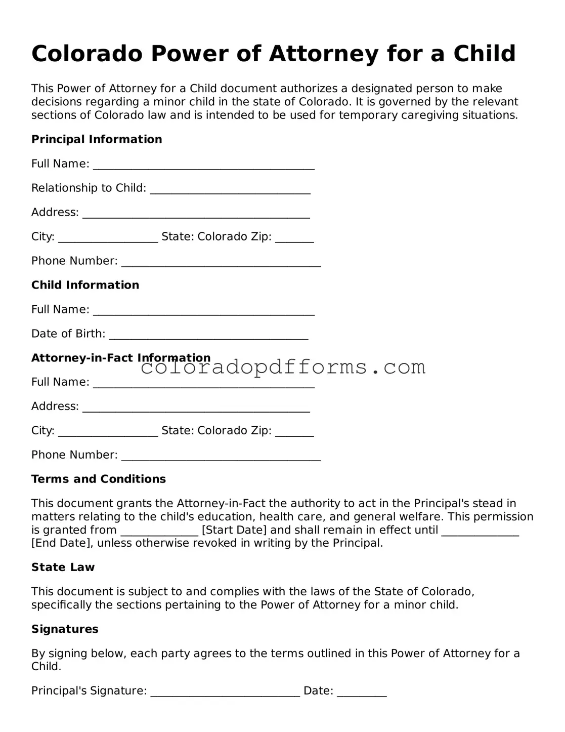 Free  Power of Attorney for a Child Document for Colorado