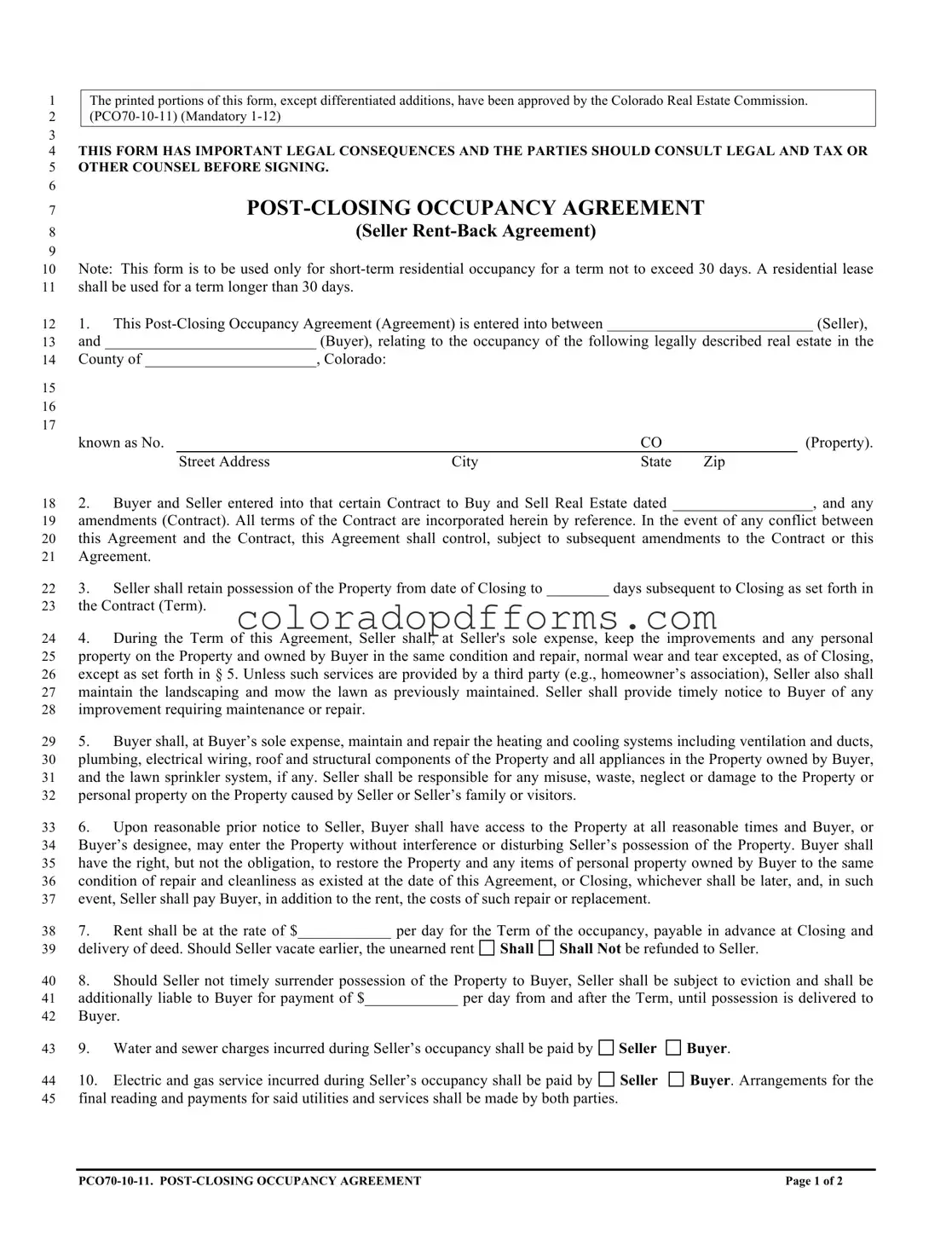 Fill in a Valid Colorado Post Closing Occupancy Agreement Template