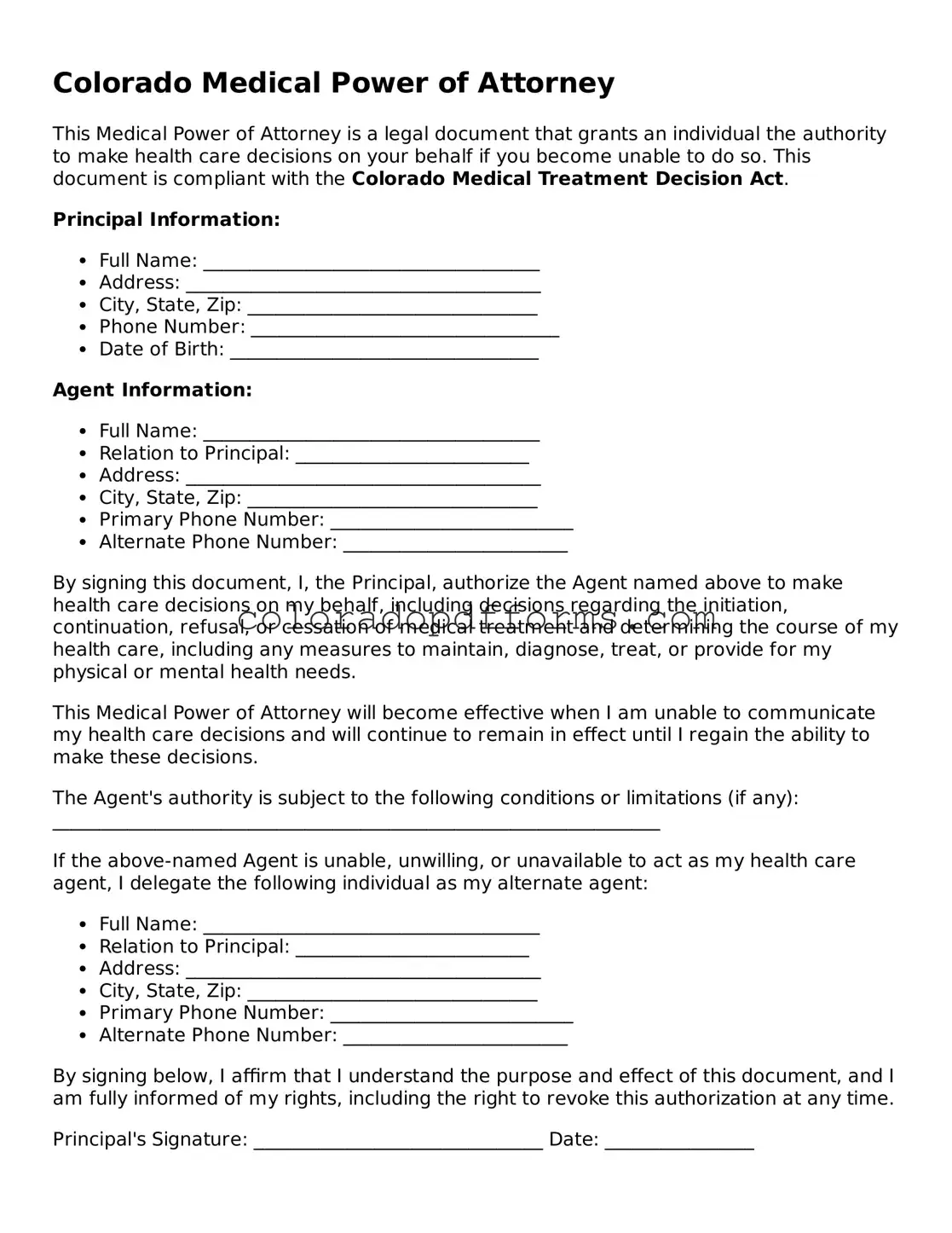 Free  Medical Power of Attorney Document for Colorado