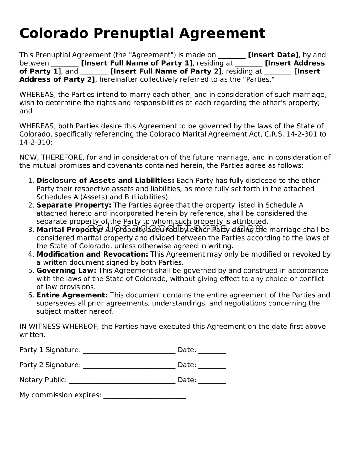 Free  Prenuptial Agreement Document for Colorado