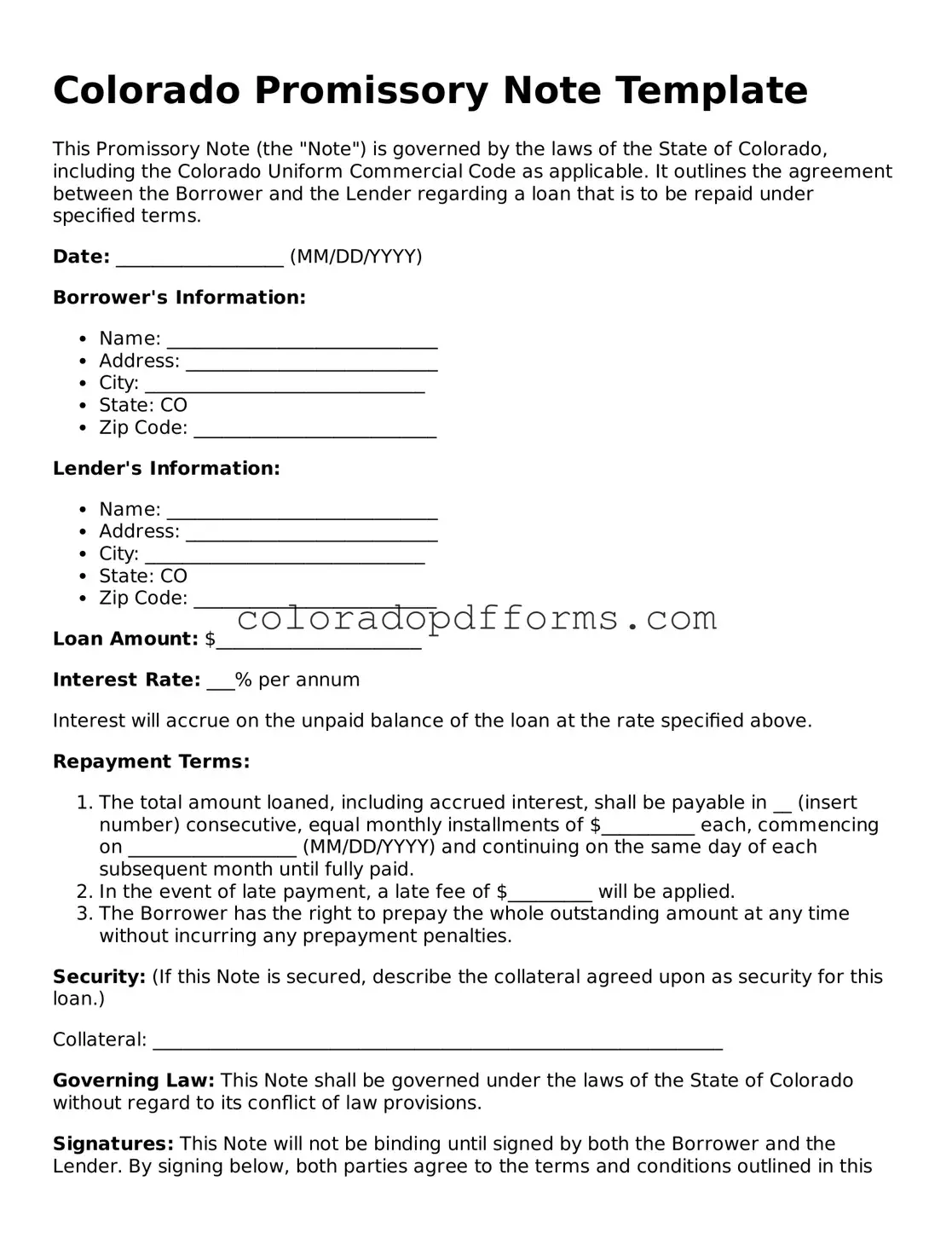 Free  Promissory Note Document for Colorado