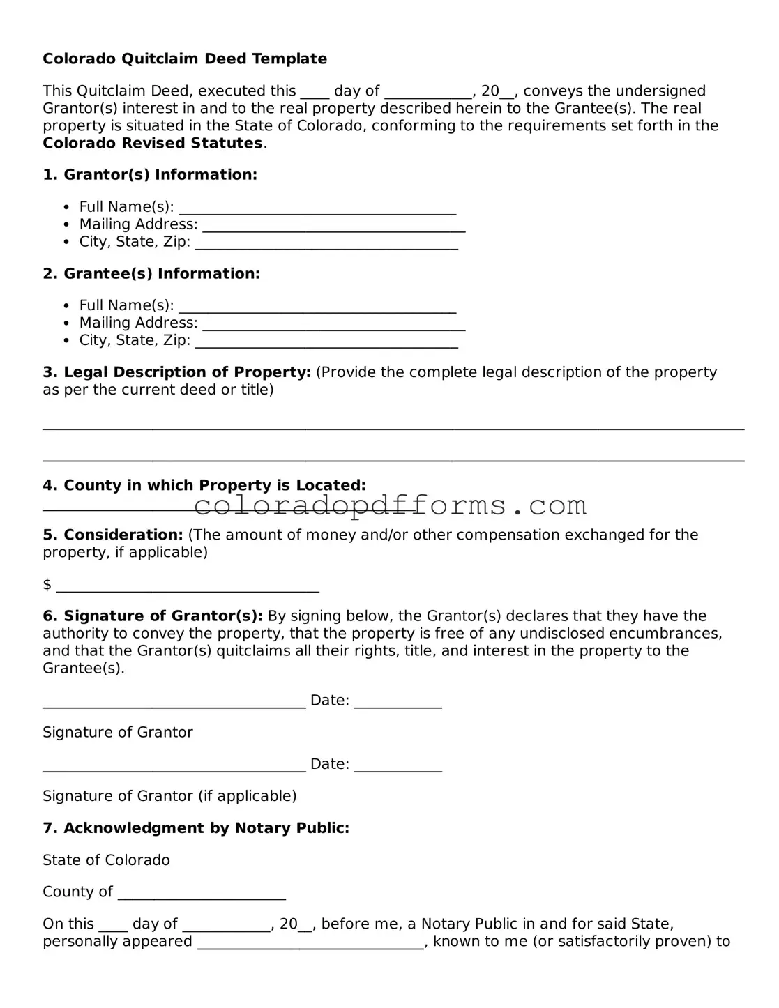 Free  Quitclaim Deed Document for Colorado